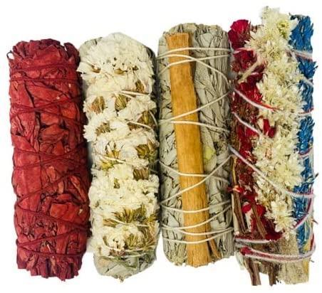 Bholi Sage Plus Sage Smudge Kit for Cleansing Negative Energy and Cleansing House Sinuata Dragon Blood Cinnamon and Triple Flower sage Smudge Sticks with White Sage California sage Sticks Pack of 4